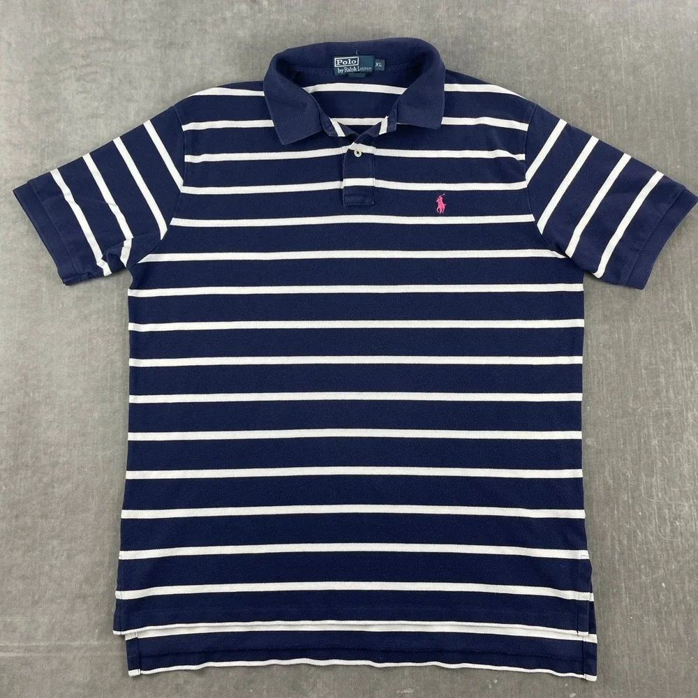 Polo Ralph Lauren Mens XL Navy Blue Striped Short Sleeve Polo Pink Pony Logo